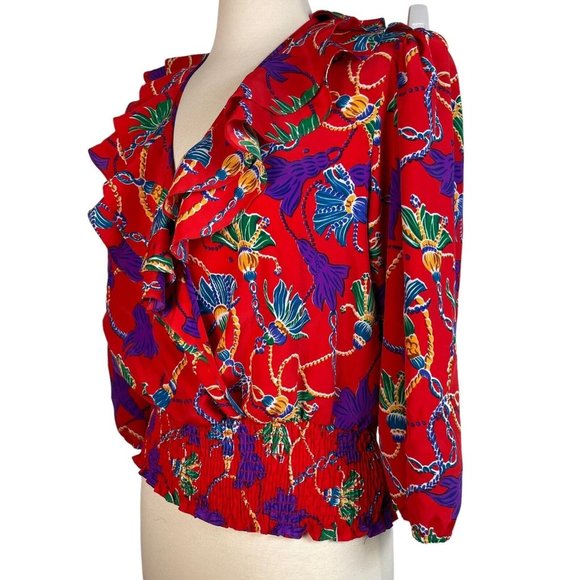 Vintage 80s Susan Tudor Women's red Ruffled Crop puff sleeve size M - Picture 1 of 12